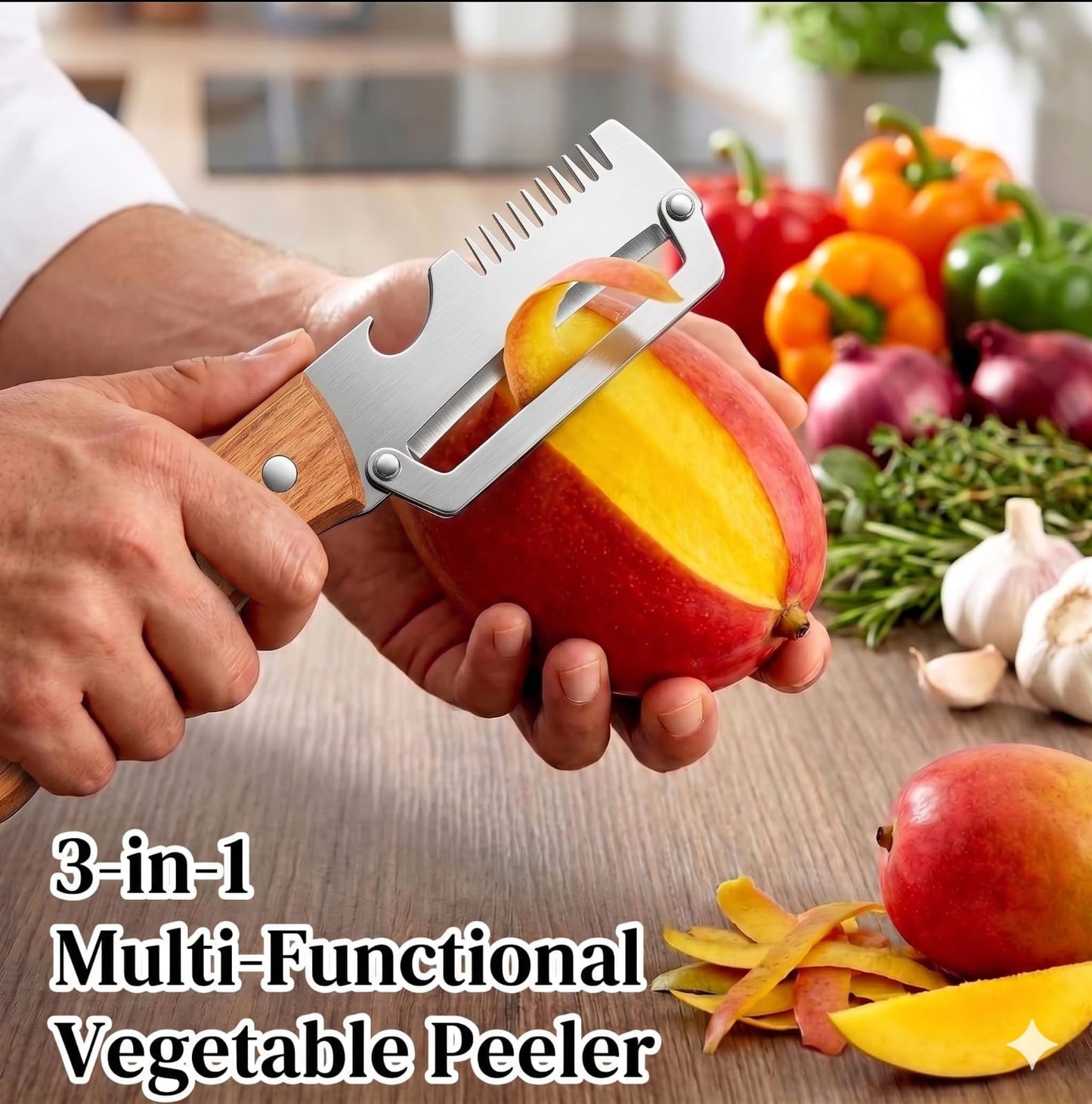 Multifunction 3 in 1 Vegetable Peeler Knife - Stainless Steel with Wooden Handle