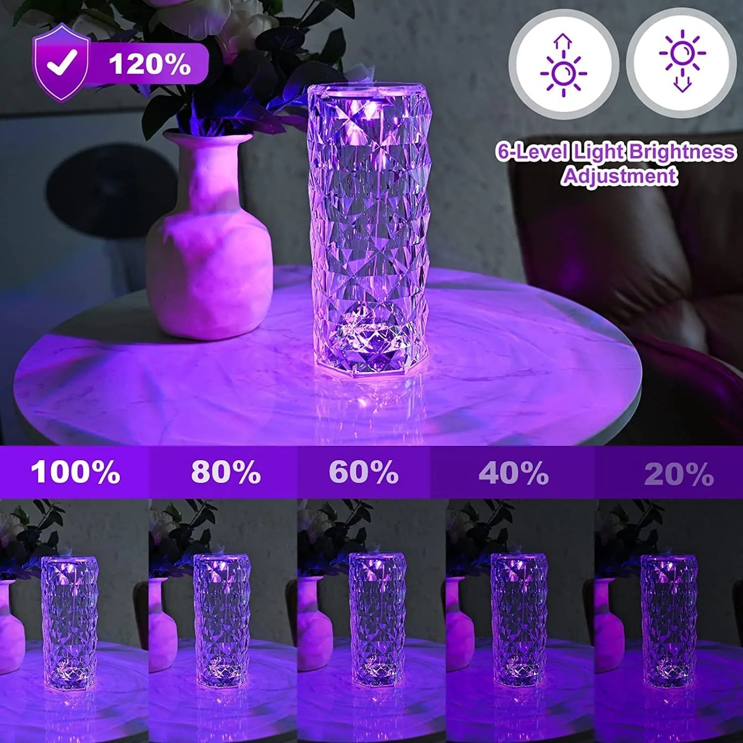 Crystal Diamond Rose LED Touch Lamp | 16 Colors USB Rechargeable | Bedroom Decor Light