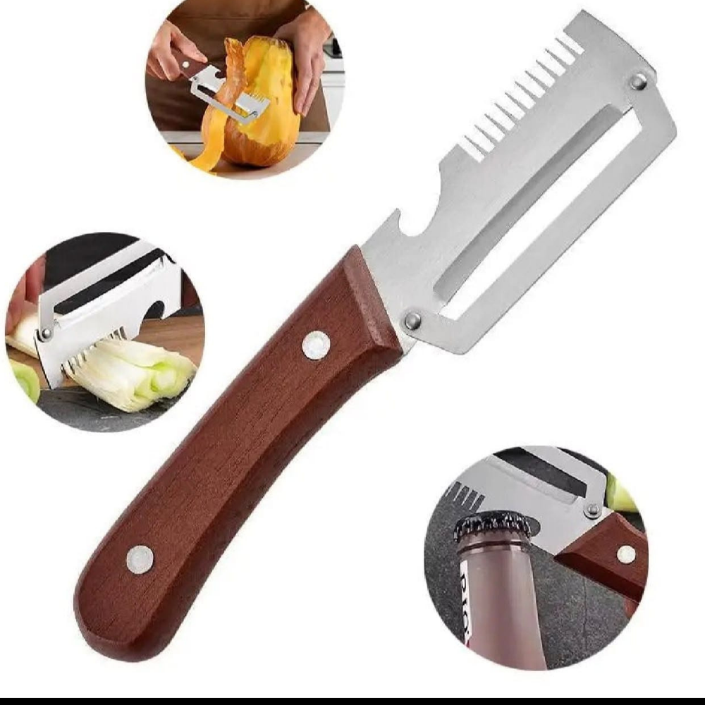 Multifunction 3 in 1 Vegetable Peeler Knife - Stainless Steel with Wooden Handle