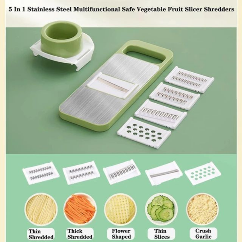 5 in 1 Manual Food Grater & Slicer - Stainless Steel Vegetable Fruit Shredder with Safety Holder